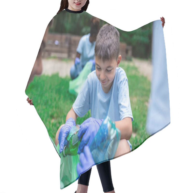 Personality  Group Of Kids Volunteers Cleaning Together A Public Park. They Are Picking Up Garbage. Hair Cutting Cape