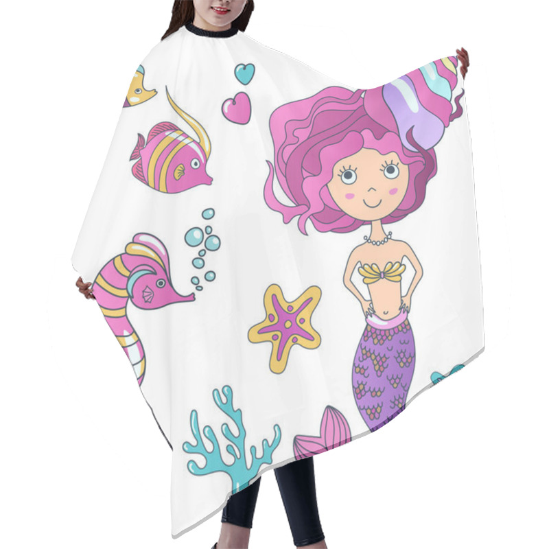 Personality  Vector Beautiful Cute Little Siren Mermaid With Sea Horse Hippocampus, Tropic Fish And Sea Stars. Hand Drawn Illustration. Hair Cutting Cape