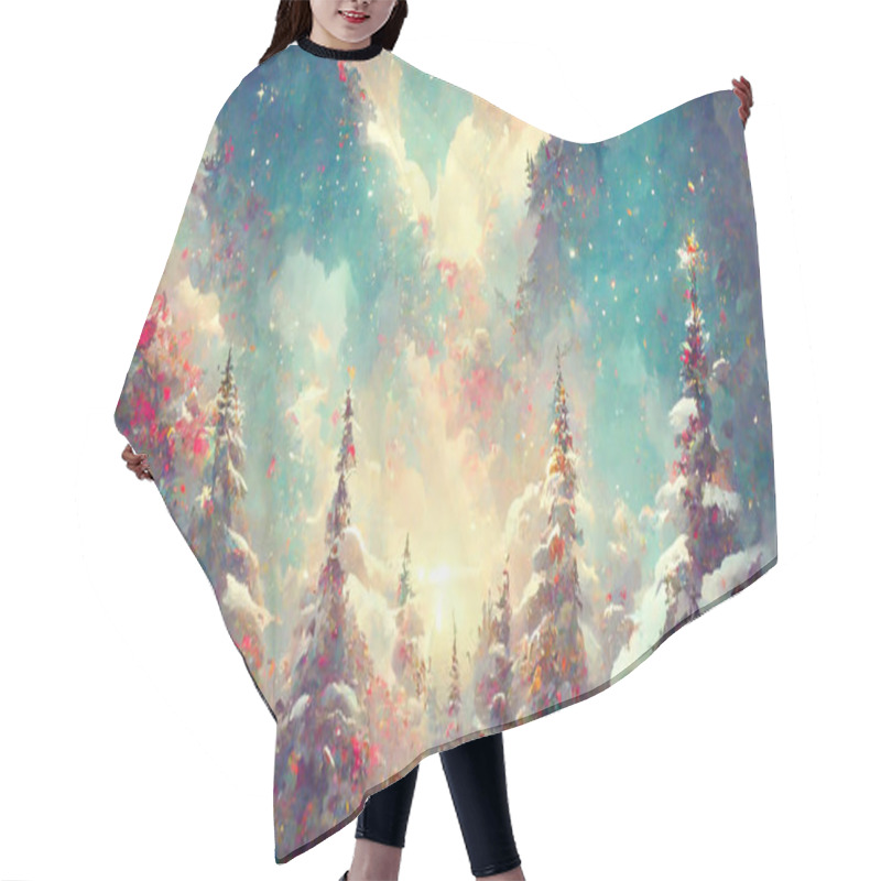 Personality  Fairy Forest, Christmas Big Snowy Fir Trees Against Background. Natural Scenery Realistic Illustration. 3D Render Beautiful Artwork. Colorful Impressionism. Hair Cutting Cape