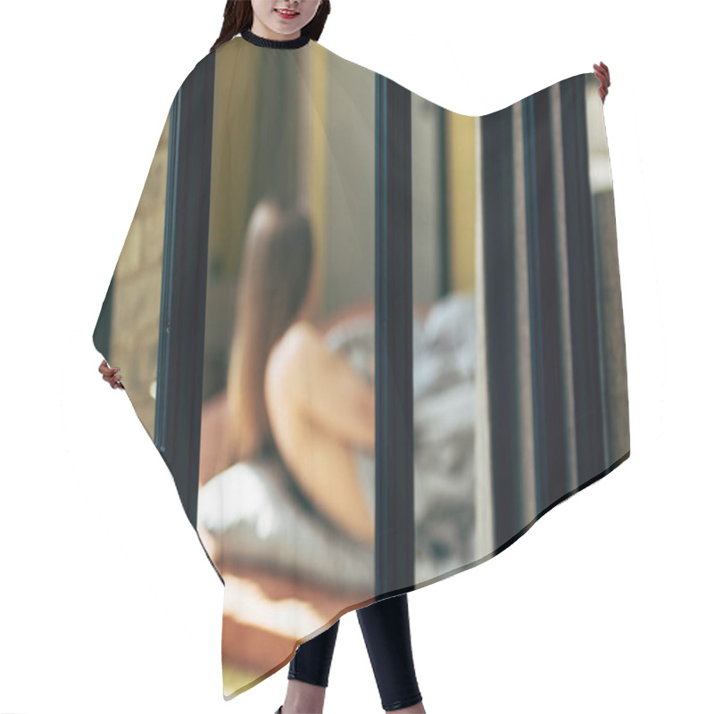 Personality  Selective Focus Of Door Near Sensual Woman Lying In Bedroom  Hair Cutting Cape