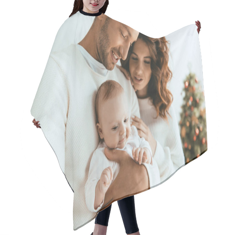 Personality  Happy Mother Standing Near Husband Holding Cute Little Daughter Hair Cutting Cape