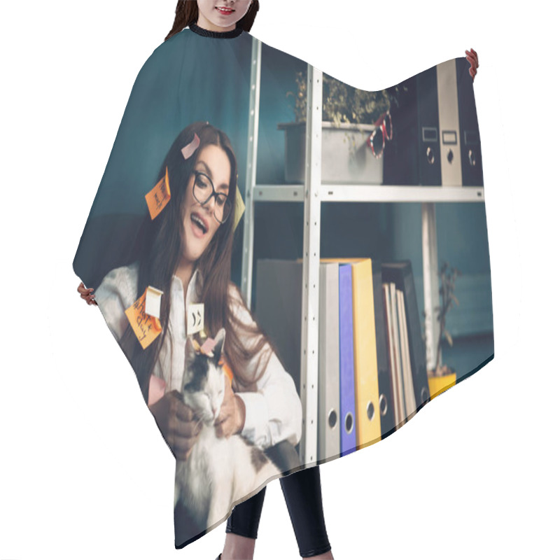 Personality  Woman With Stickers All Over Her Holding Cat. Hair Cutting Cape