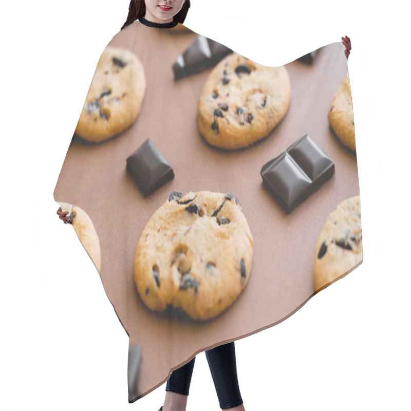 Personality  Close Up View Of Cookies And Chocolate Pieces On Brown Background  Hair Cutting Cape