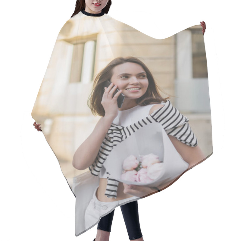 Personality  Cheerful Woman In Stylish Outfit Talking On Smartphone And Holding Bouquet With Peonies On Street In Paris Hair Cutting Cape