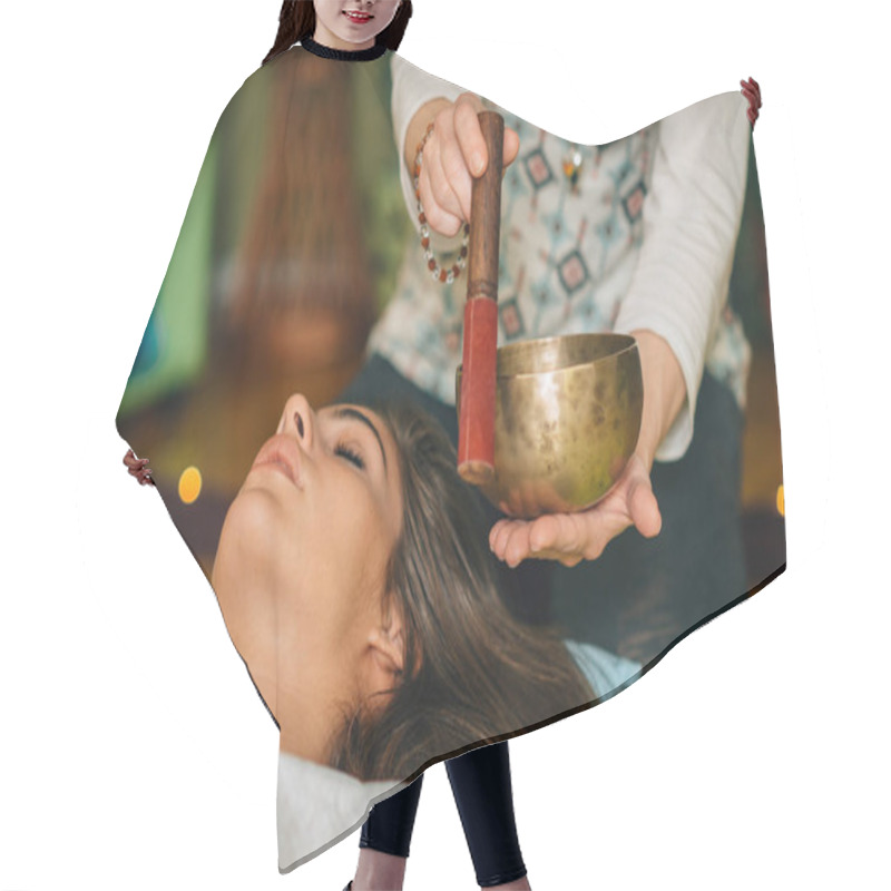 Personality  Woman Using Tibetan Singing Bowl In Sound Therapy Hair Cutting Cape