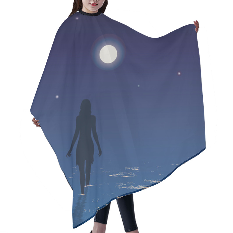 Personality  Silhouette Of A Young Woman Walking In The Sea At Night Hair Cutting Cape