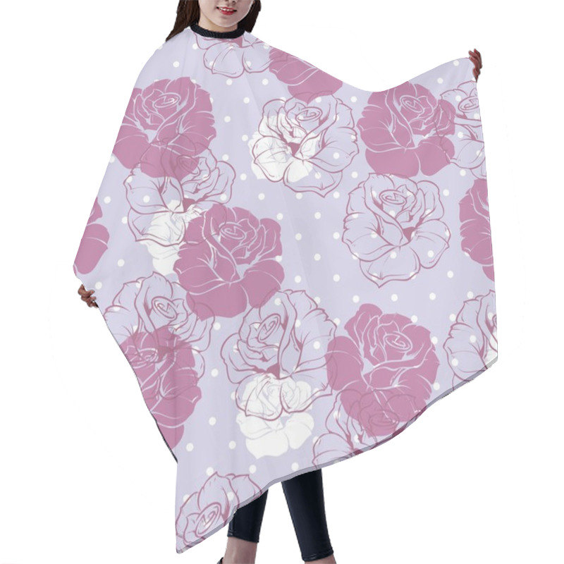 Personality  Seamless Vector Dark Floral Pattern With Violet Pink And White Retro Roses On Polka Dots Blue Background Hair Cutting Cape