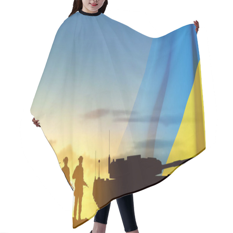 Personality  Silhouettes Of A Soldiers And A Main Battle Tank On A Battlefield With Ukraine Flag Against The Sunset. EPS10 Vector Hair Cutting Cape