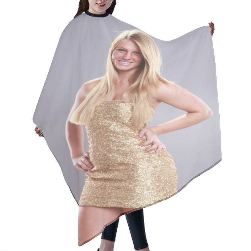 Personality  Young Blond In Gold Dress Hair Cutting Cape