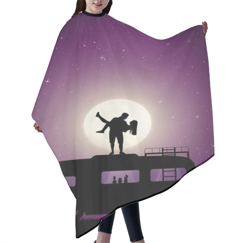 Personality   Guy Carry Girl On Roof Of Retro Car On Moonlit Night Hair Cutting Cape