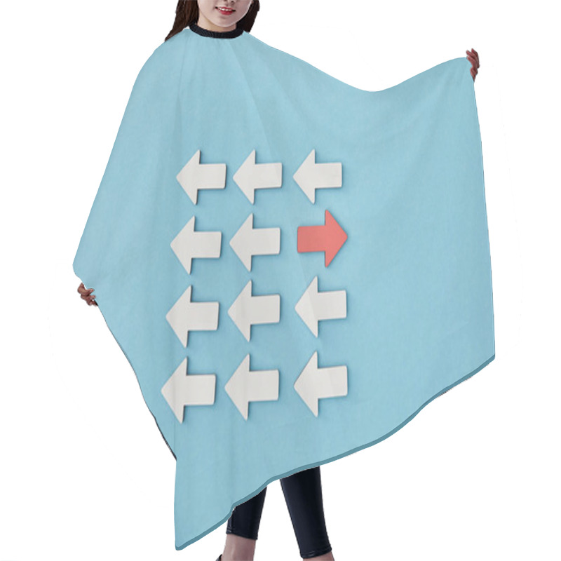 Personality  Top View Of White Arrows With Opposite Red Pointer On Blue Background Hair Cutting Cape