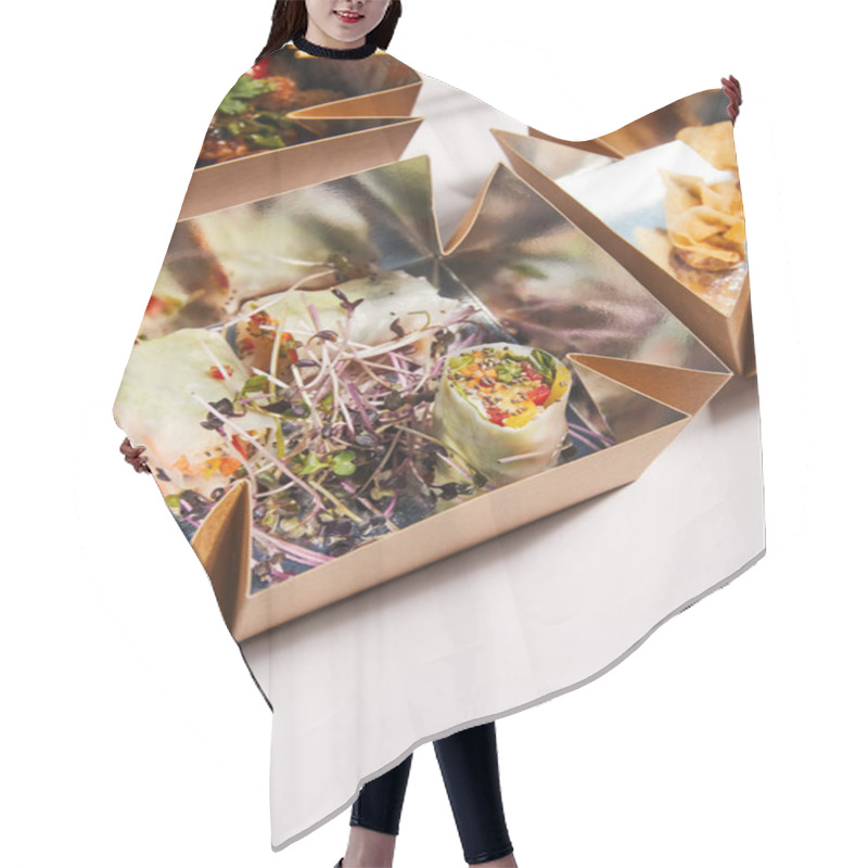 Personality  Takeaway Boxes With Spring Rolls And Chinese Food On White  Hair Cutting Cape