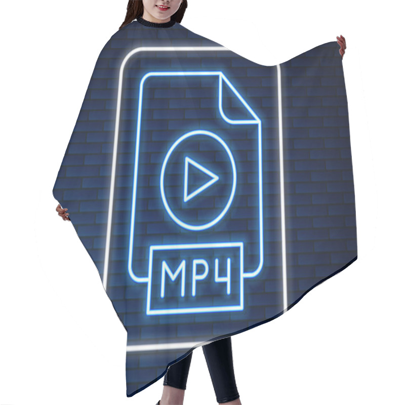 Personality  Glowing Neon Line MP4 File Document. Download Mp4 Button Icon Isolated On Brick Wall Background. MP4 File Symbol.  Vector. Hair Cutting Cape