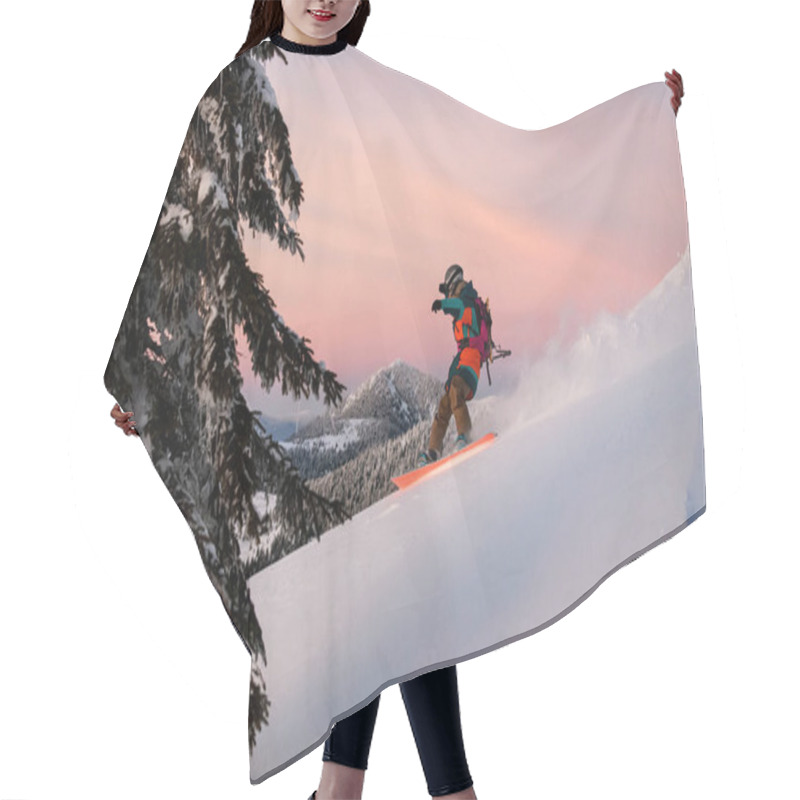 Personality  Man Freerider Slides Down A Snowy Slope Against The Backdrop Of A Beautiful Mountain Landscape Hair Cutting Cape