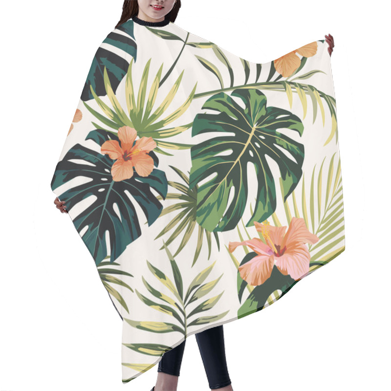 Personality  Tropical Illustration Monstera Plants Leaves Flowers Hibiscus Seamless Pattern White Background Hair Cutting Cape