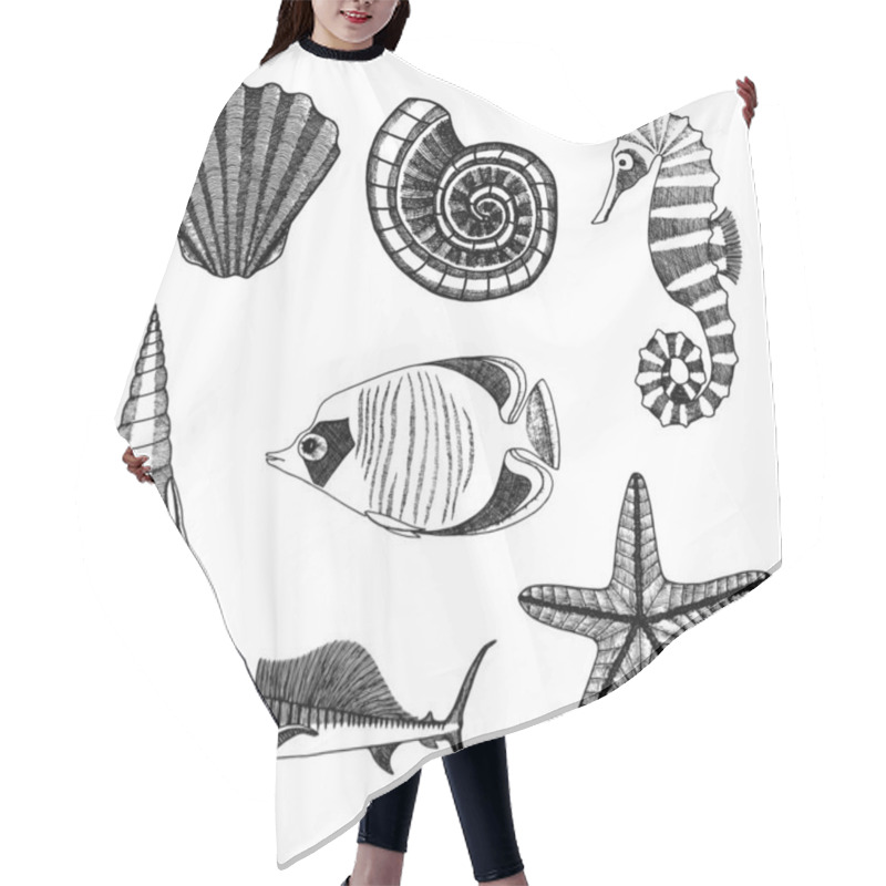 Personality  Sea Inhabitants Set. Hand-drawn Sketch Of Seahorse, Starfish, Seashells And Fish. Hair Cutting Cape