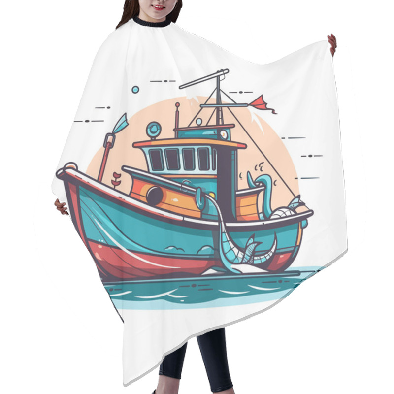 Personality  A Small Fishing Boat Goes Out To Sea. Cartoon Vector Illustration. Label, Sticker, T-shirt Printing Hair Cutting Cape