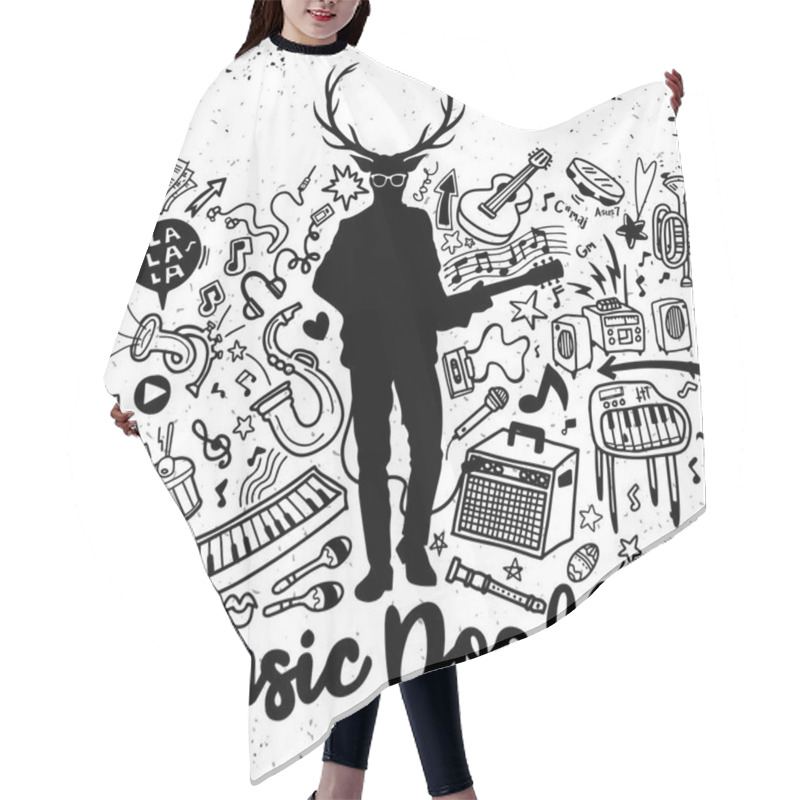 Personality  Hipster Deer With A Guitar And Cool Eye Glasses .Hand Drawing Do Hair Cutting Cape