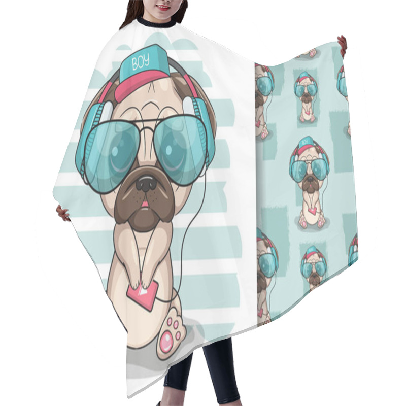 Personality  Cute Cartoon Pug Dog With Headphones On A White Background Hair Cutting Cape