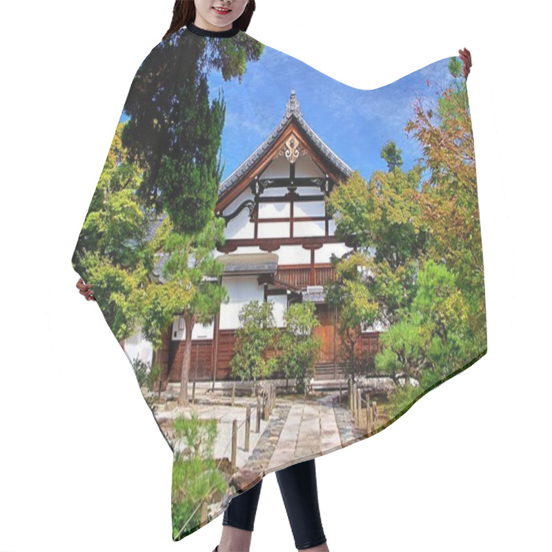 Personality  A Serene Photograph Of A Traditional Japanese Temple Surrounded By Lush Greenery And A Beautifully Landscaped Zen Garden. A Tranquil Stone Path Leads Through The Garden, Creating A Peaceful And Harmonious Atmosphere. Hair Cutting Cape