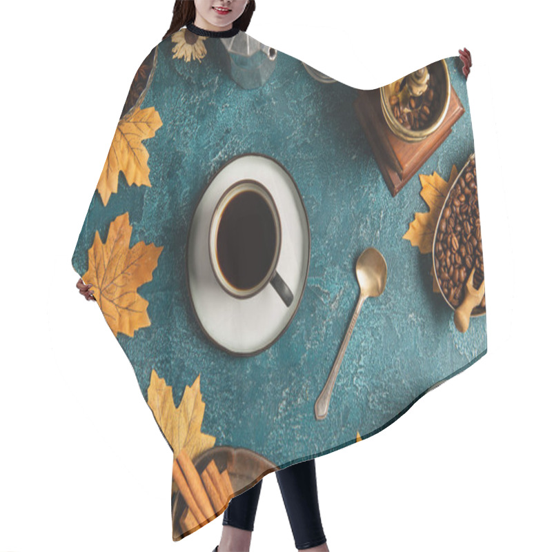 Personality  Thanksgiving Still Life, Coffee Cup On Blue Textured Tabletop With Maple Leaves And Autumnal Decor Hair Cutting Cape