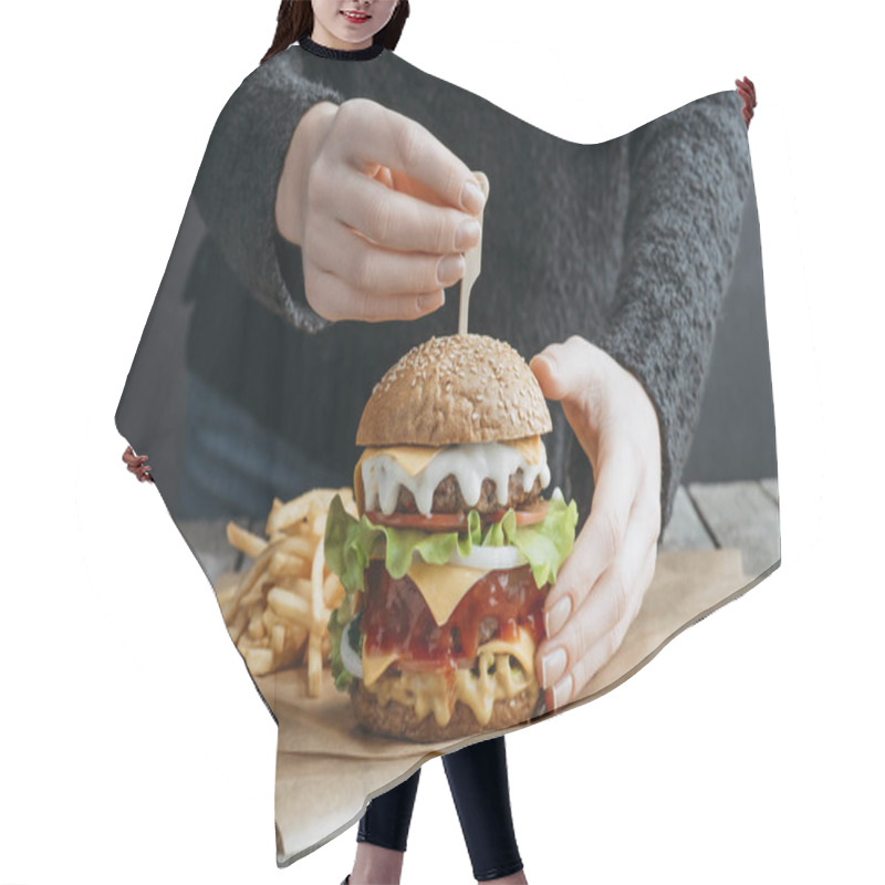 Personality  Cropped View Of Female Hands With Big Tasty Cheeseburger And French Fries On Baking Paper Hair Cutting Cape