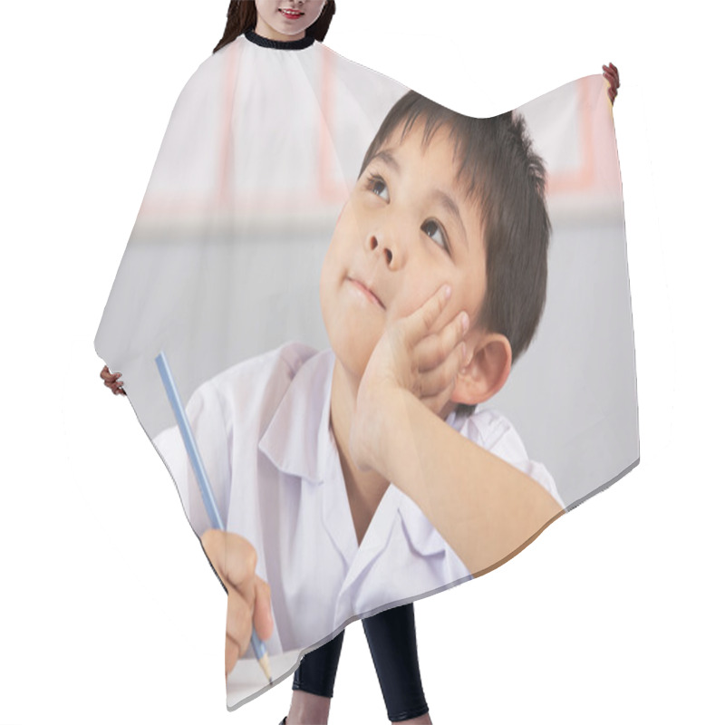 Personality  Male Student Working At Desk In Chinese School Classroom Hair Cutting Cape