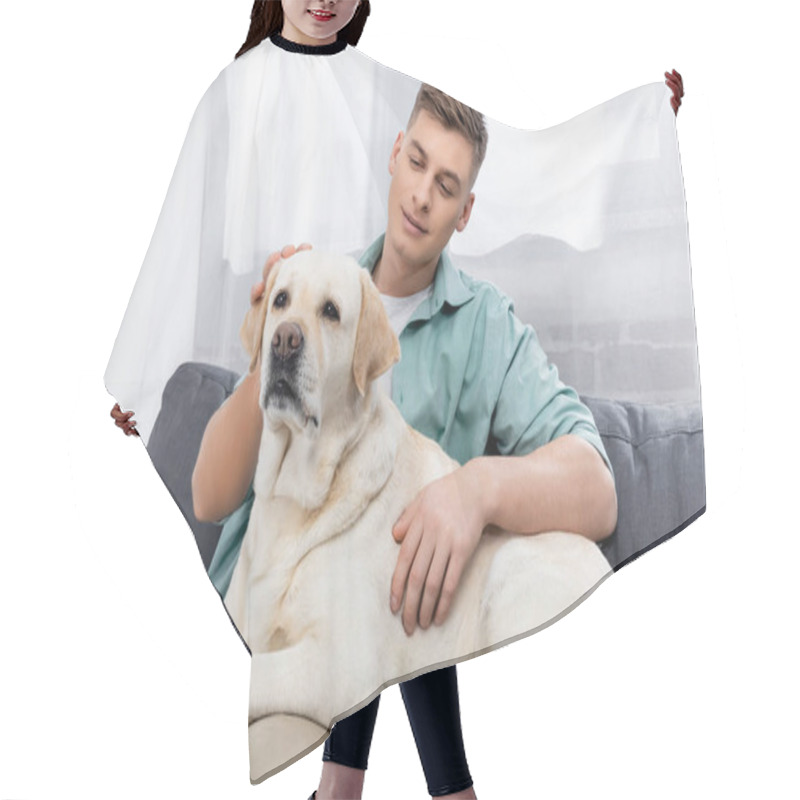 Personality  Pleased Man Sitting On Couch And Cuddling Labrador Hair Cutting Cape