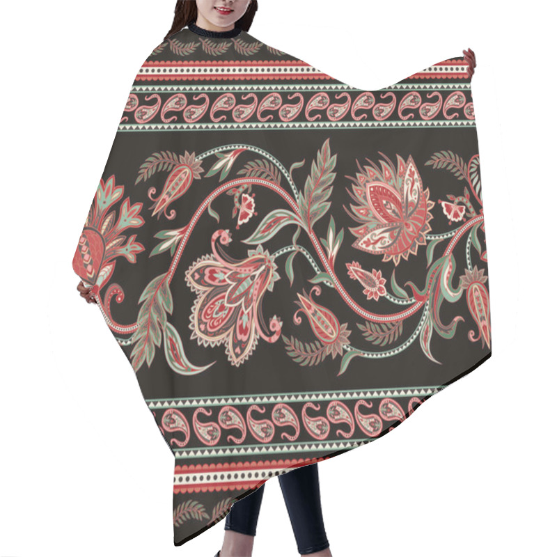 Personality  Seamless Border With Ethnic Ornament Elements And Paisleys. Folk Flowers And Leaves For Print Or Embroidery. Hair Cutting Cape