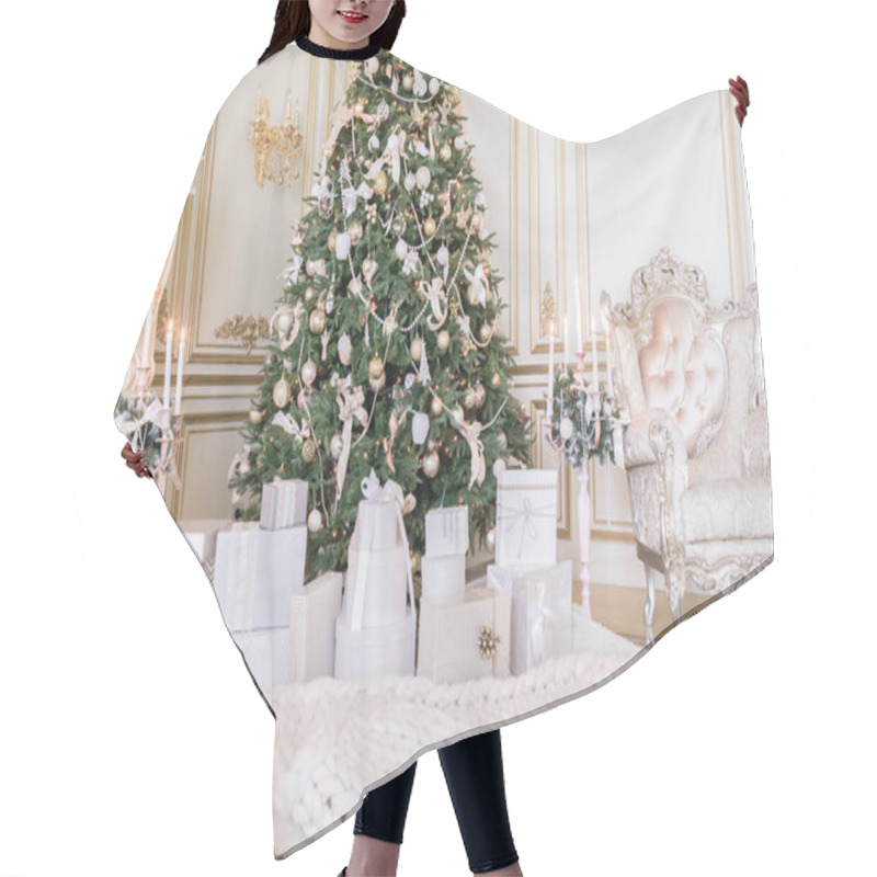 Personality  Presents Under Christmas Tree In Living Room. Family Holiday New Year At Home Hair Cutting Cape