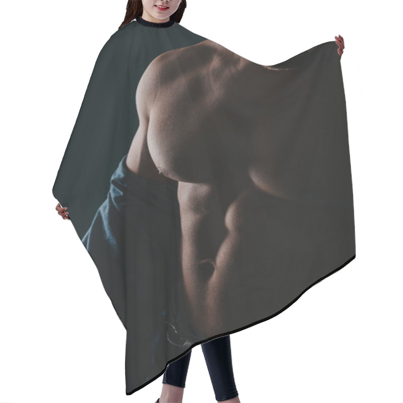 Personality  Man Showing His Fit Body, Focus On Chest. Silhouette Photo. Hair Cutting Cape