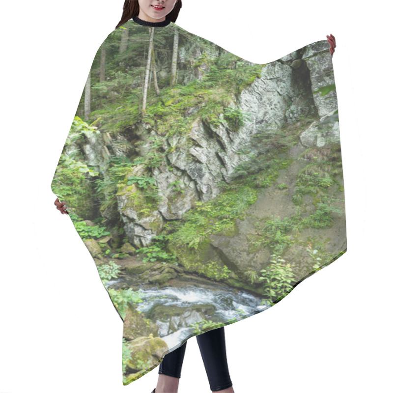 Personality  Mountain River Rock In The Forest. Green Nature. Lake Water Carpathian River Trees. Stones Hair Cutting Cape