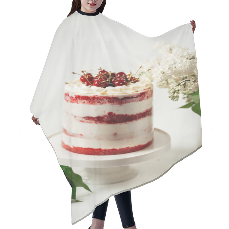 Personality  Red Berry Cake Decorated With Cherry Berries And White Cream, Among Lilac Flowers And Green Leaves. Food Photography. Advertising And Commercial Design Hair Cutting Cape