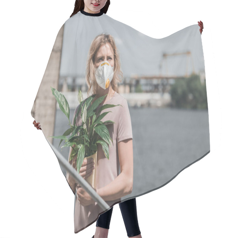 Personality  Woman In Protective Mask Holding Potted Plant On Bridge, Air Pollution Concept Hair Cutting Cape