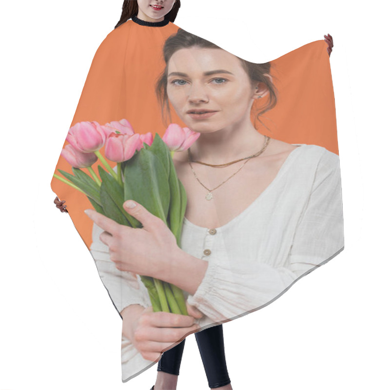 Personality  Bouquet Of Flowers, Everyday Fashion, Young Woman In White Sun Dress Holding Tulips And Standing On Orange Background, Lady In White, Vibrant Background, Fashion And Nature, Summer  Hair Cutting Cape