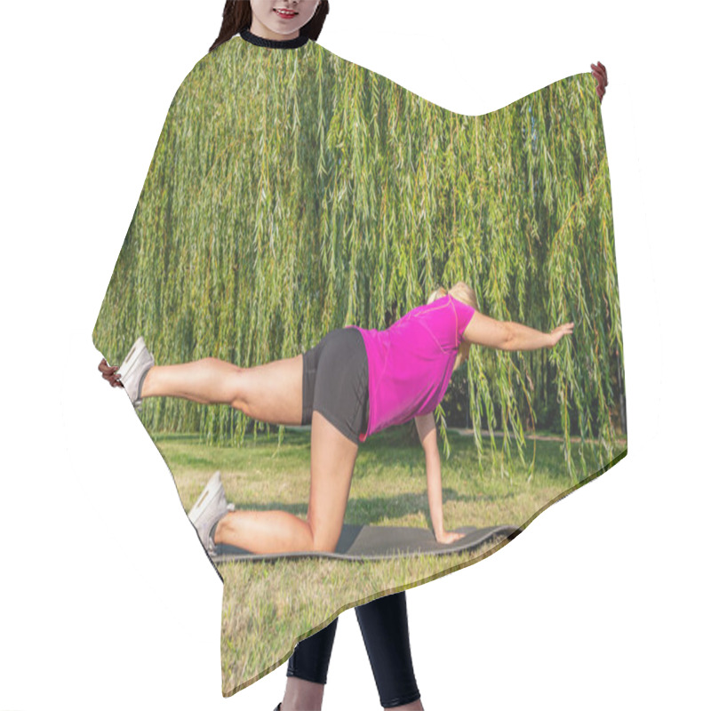 Personality  Woman Is Doing Yoga In The Park Hair Cutting Cape