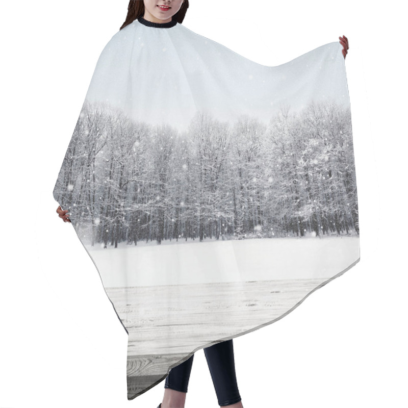 Personality  Wooden Table Over Winter Snow Covered Forest. Beauty Nature Background Hair Cutting Cape