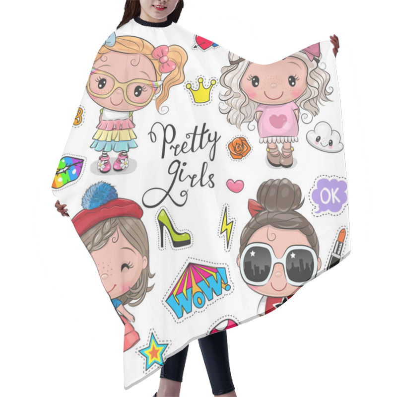 Personality  Set Of Four Cute Cartoon Girls And Design Elements On A White Background Hair Cutting Cape