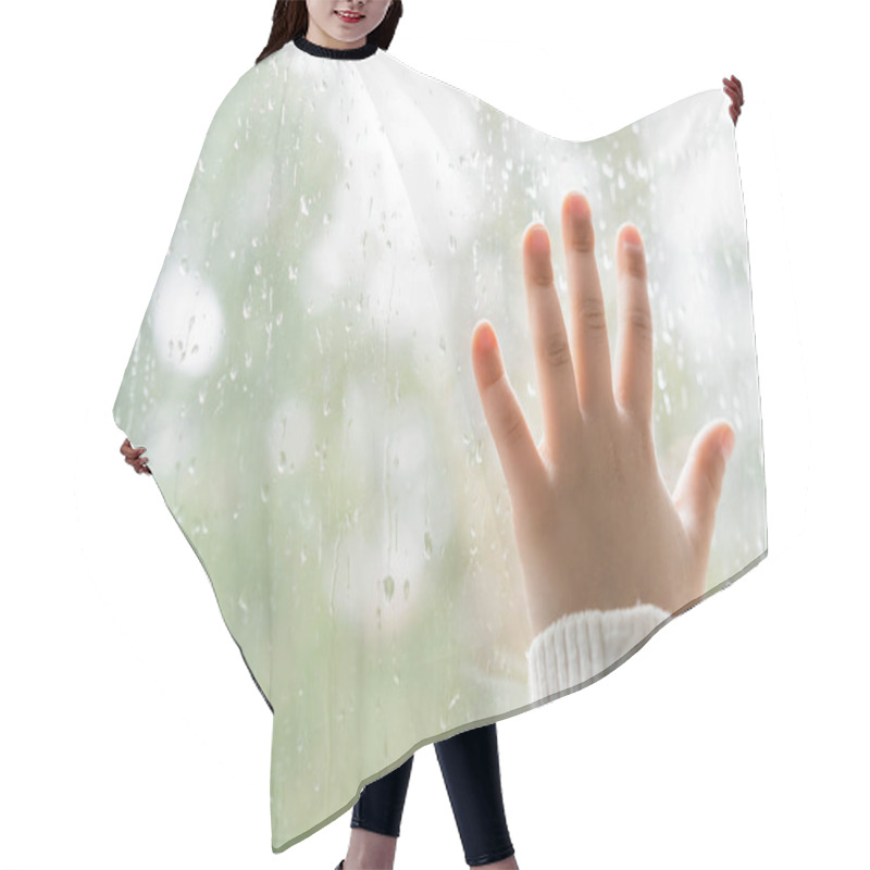 Personality  Partial View Of Kid Touching Window Glass With Raindrops Hair Cutting Cape