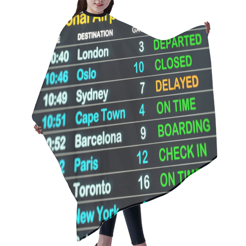 Personality  Airport Time Table, Arrival And Departure Board With Flight Data. Flight Information On The Screen. International Airport, Tourism And Travel Concept. 3D Illustration Hair Cutting Cape