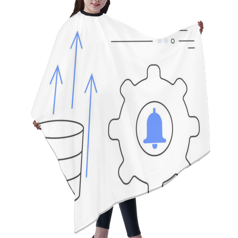 Personality  Database Storage Cylinder With Upward Arrows Next To A Gear Containing A Notification Bell Symbol. Ideal For System Performance, Data Management, IT Alerts, Process Automation, Software Development Hair Cutting Cape