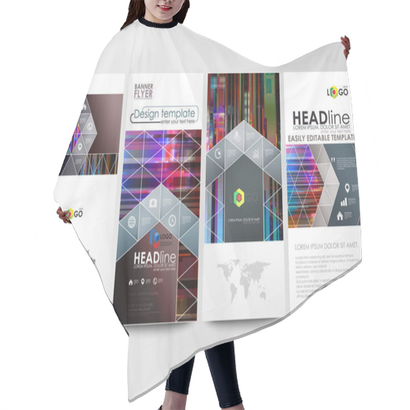 Personality  Flyers Set, Modern Banners. Business Templates. Cover Design Template, Abstract Vector Layouts. Glitched Background Made Of Colorful Pixel Mosaic. Digital Decay, Signal Error. Trendy Glitch Backdrop. Hair Cutting Cape