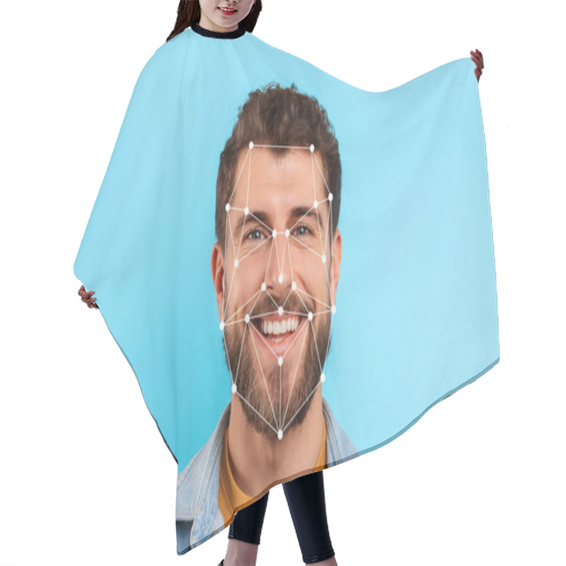 Personality  A Man Is Smiling Broadly As Facial Recognition Markers Appear Across His Face Against A Bright Blue Backdrop. His Casual Outfit And Joyful Expression Enhance The Modern Technology Theme. Hair Cutting Cape