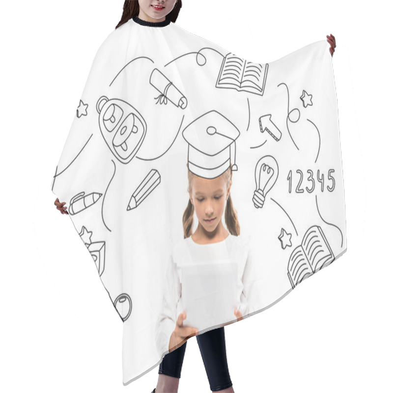 Personality  Cute Schoolkid Using Digital Tablet Near Books And Numbers On White  Hair Cutting Cape