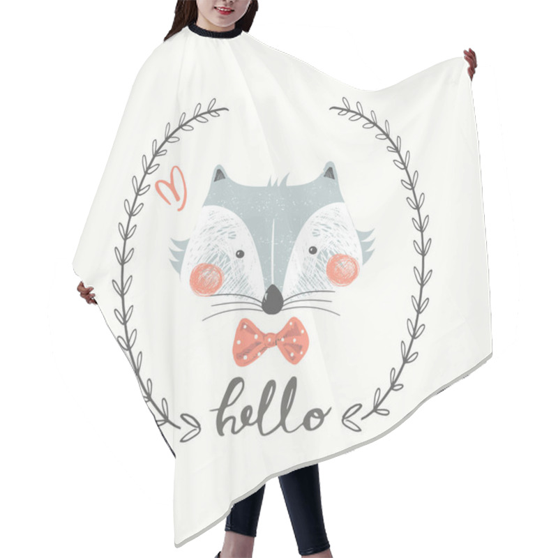 Personality  Cute Baby Fox. Cartoon Hand Drawn Vector Illustration. Can Be Used For Baby T-shirt Print, Fashion Print Design, Kids Wear, Baby Shower Celebration, Greeting And Invitation Card. Hair Cutting Cape