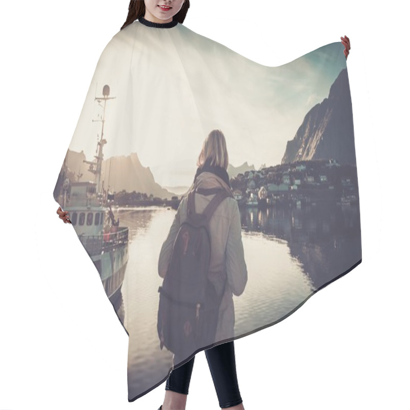 Personality  Woman Traveler Looking At Sunset In Reine Village, Norway Hair Cutting Cape