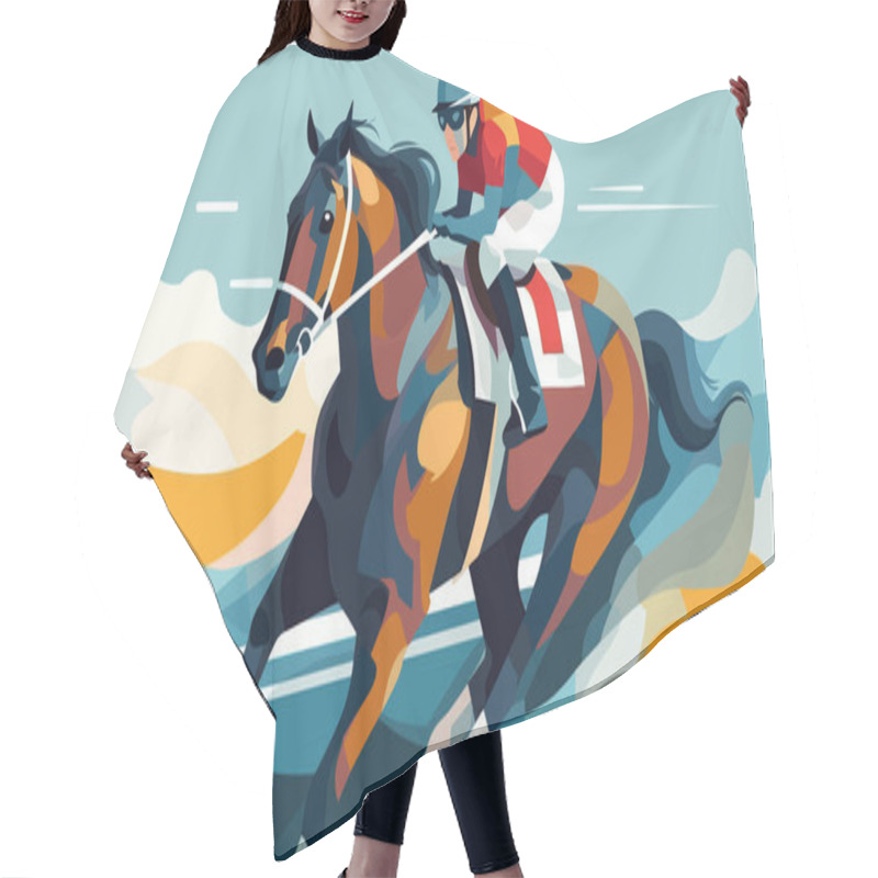 Personality  Jockey Sprinting With A Racehorse On A Horse Racing Trak, Flat Style Colorful Vector Illustration. Hair Cutting Cape