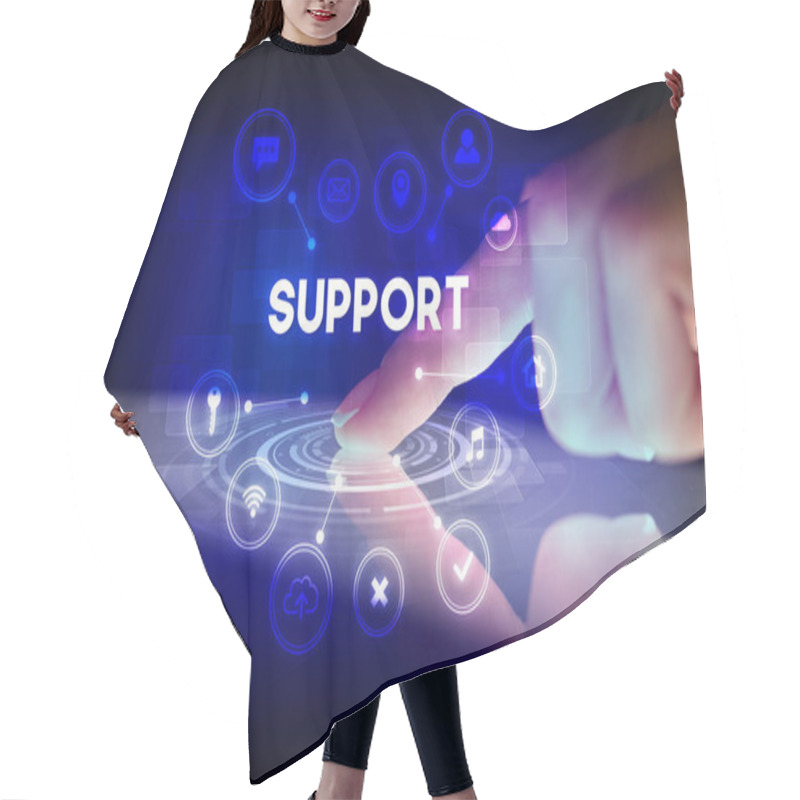 Personality  Finger Touching Tablet With Web Technology Icons Concept Hair Cutting Cape