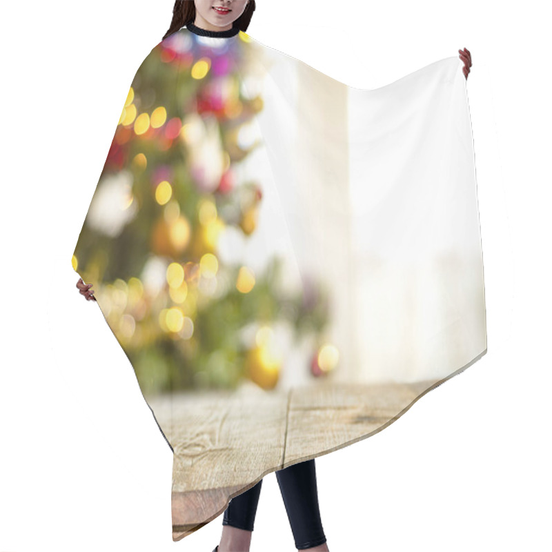 Personality  Christmas Holiday Background With Empty Wooden, Rustic Table Hair Cutting Cape