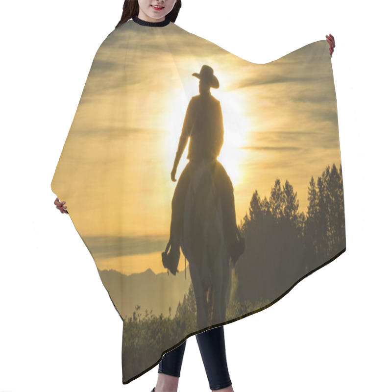 Personality  Cowboy Riding Early Morning Across Grassland With Mountains Behind Hair Cutting Cape